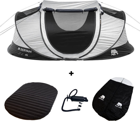  Deryan Cocoon Pop Up Tent - Slaapzak - Luchtbed - Luchtpomp - 4 Persoons - Zilver