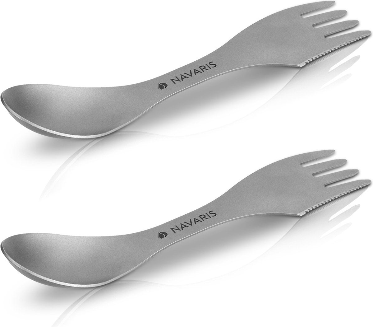  Navaris 2x Spork Titanium Campingbestek - Vork, Mes En Lepel In één - Bestek Voor Onderweg En Op Reis - Lichtgewicht - Inclusief Bewaarzakje