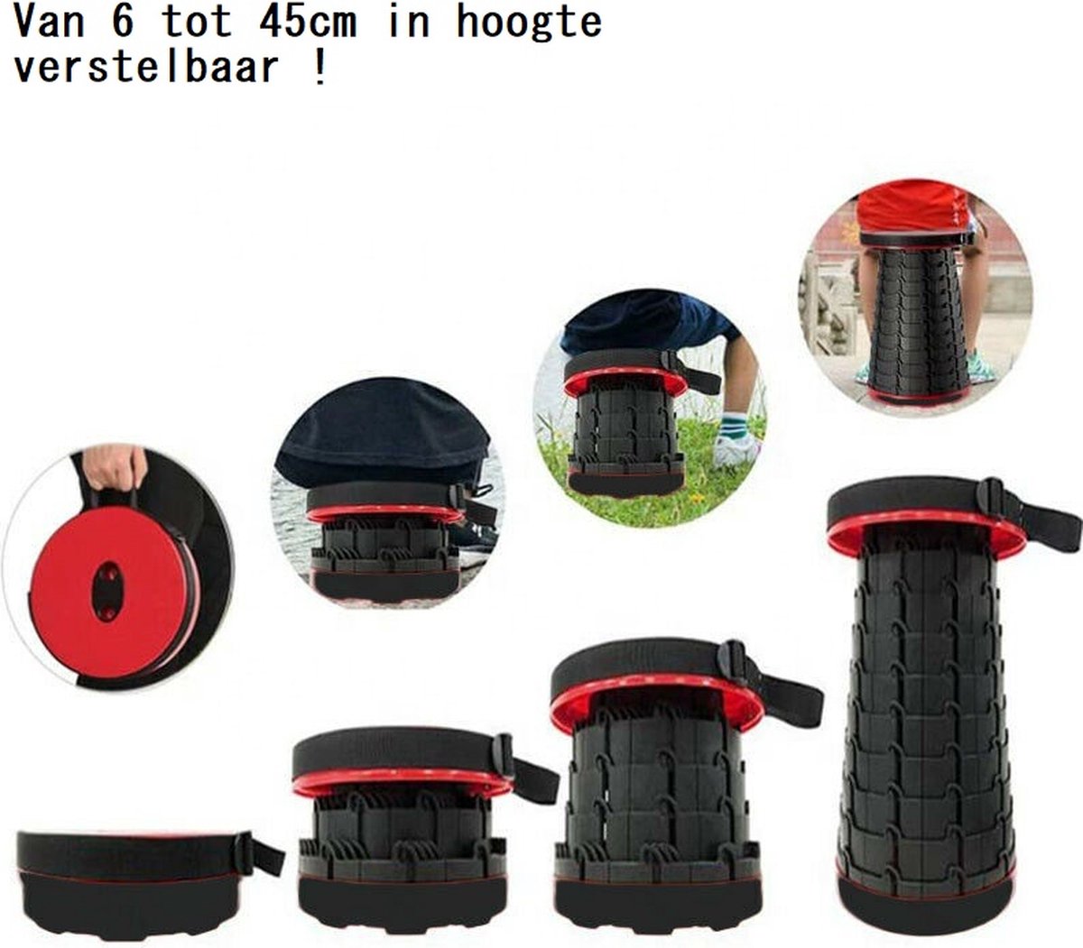  Kampeerkruk - Uitschuifbare Kruk - Rood/Zwart- Tot 120 Kg - Travel Stool - Opvouwbare Campingkruk - Inklapbaar Krukje - Telescopische Kruk - Camping - Outdoor