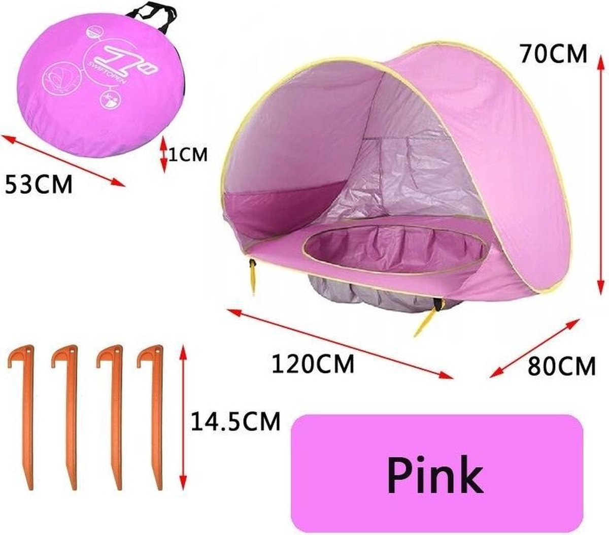 Merkloos Strand Tent Met Zwembad - Roze - UPF 50+ UV Werend - Waterdicht - Pop Up - Baby &amp; Kind
