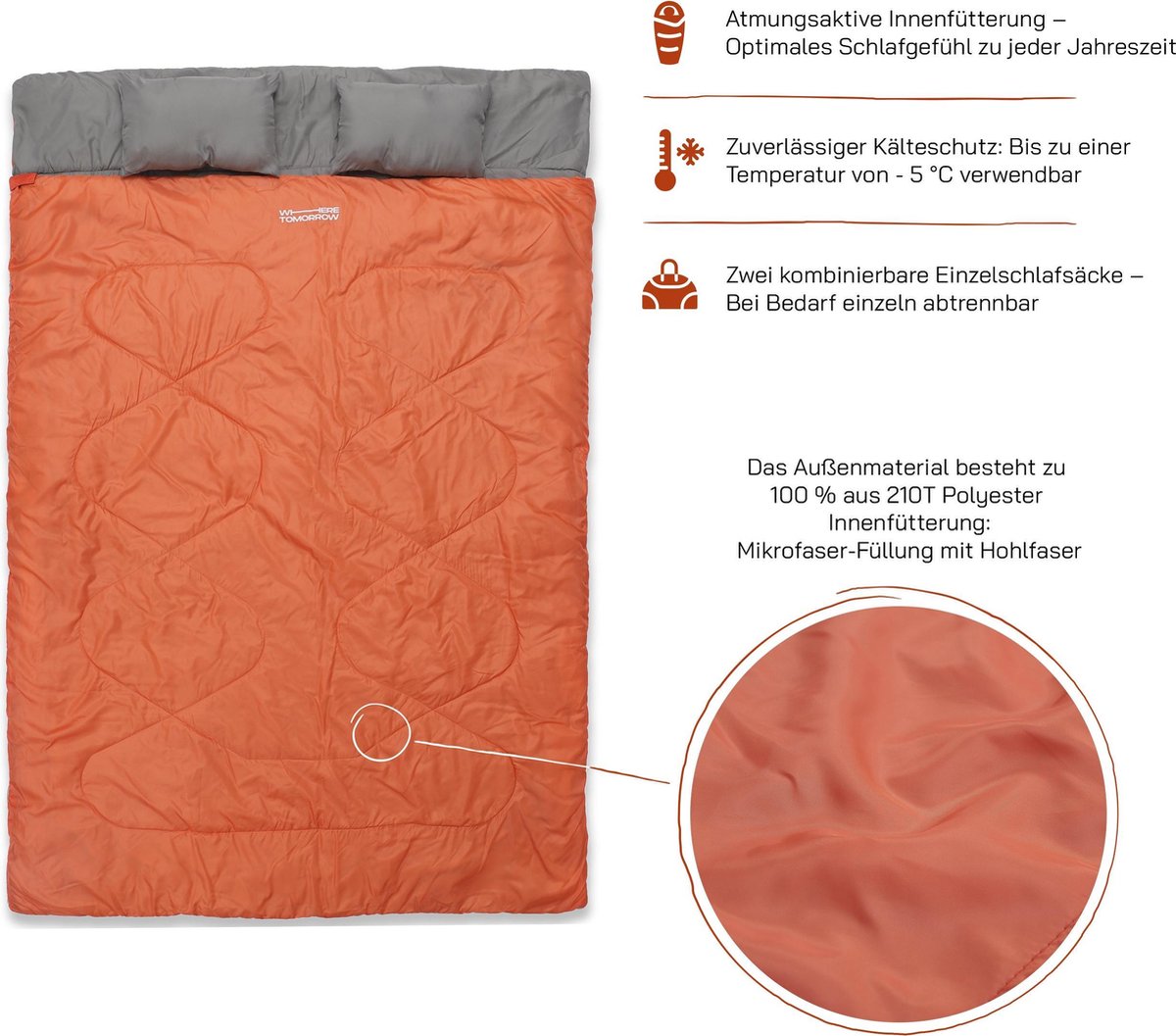  Where Tomorrow Double Slaapzak 220 X 150 Cm Diverse Kleuren - Oranje