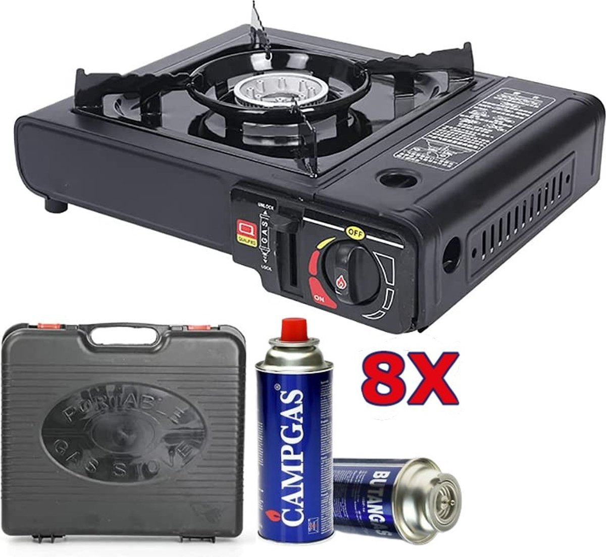  Borvat® |Draagbare Gasfornuis - Camping Kookstel - Inclusief 8 Gasflessen - Gas Stove - Gasfornuis - Kooktoestel - Outdoor - Op Reis + Gratis Smartphone Auto Magneethouder.