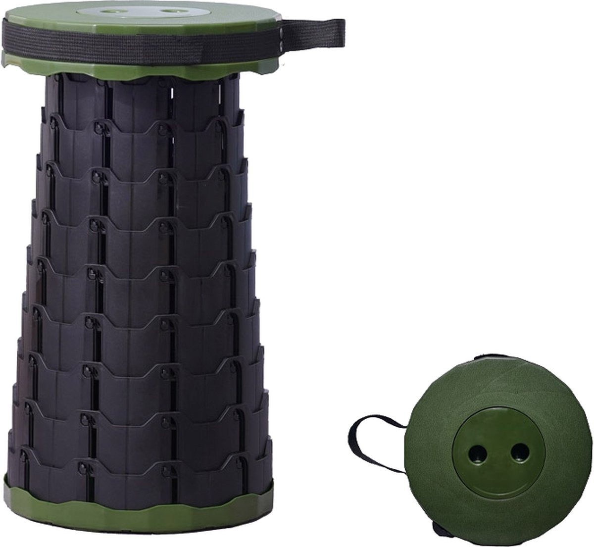 Kampeerkruk - Uitschuifbare Kruk - Military / Groen - Tot 120 Kg - Travel Stool - INCLUSIEF OPBERGZAK - Opvouwbare Campingkruk - Inklapbaar Krukje - Telescopische Kruk - Camping - Outdoor