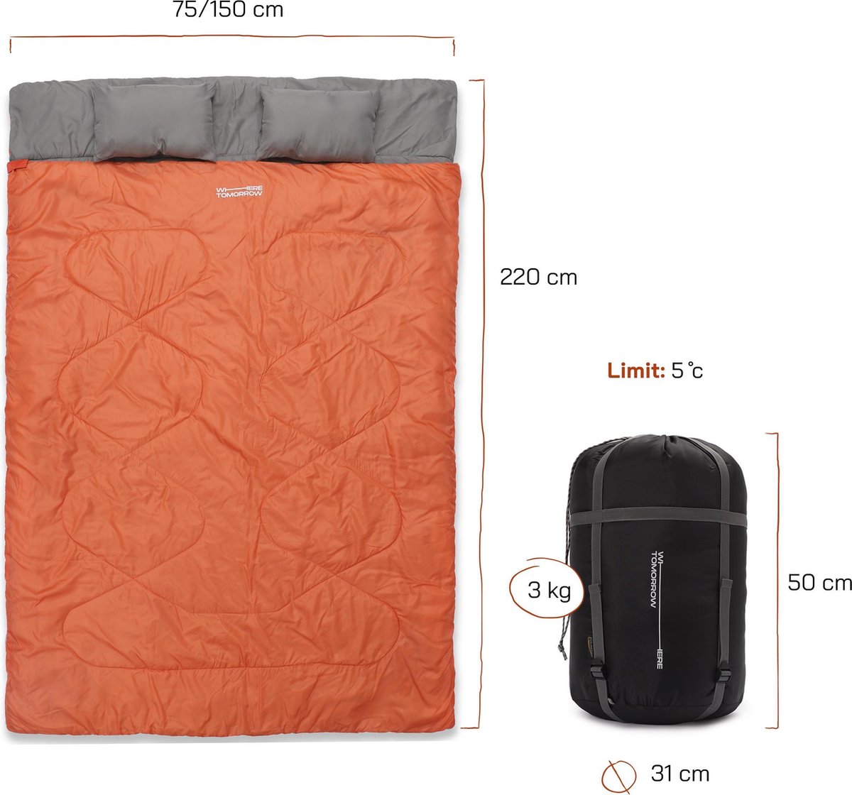  Where Tomorrow Double Slaapzak 220 X 150 Cm Diverse Kleuren - Oranje