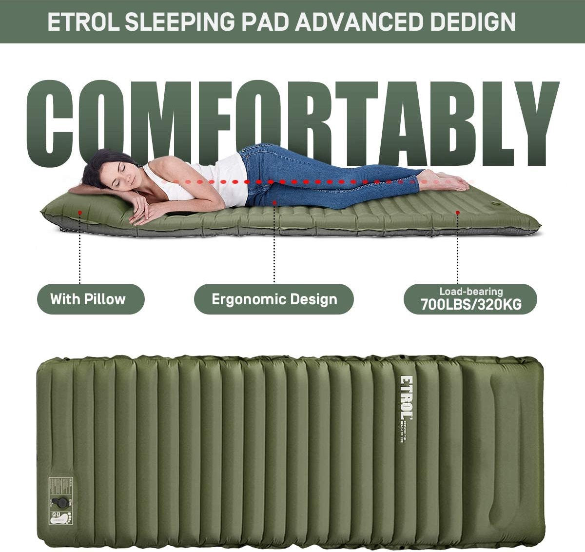  ETROL Camping Slaapmat-2-in-1 Zelfopblazende Kampeermat Met Kussen (78"x 28"), Lichtgewicht, Dik 4"compact Kussen, Geschikt Voor Zelfrijdende Reizen, Lekvrije, Waterdichte Tent