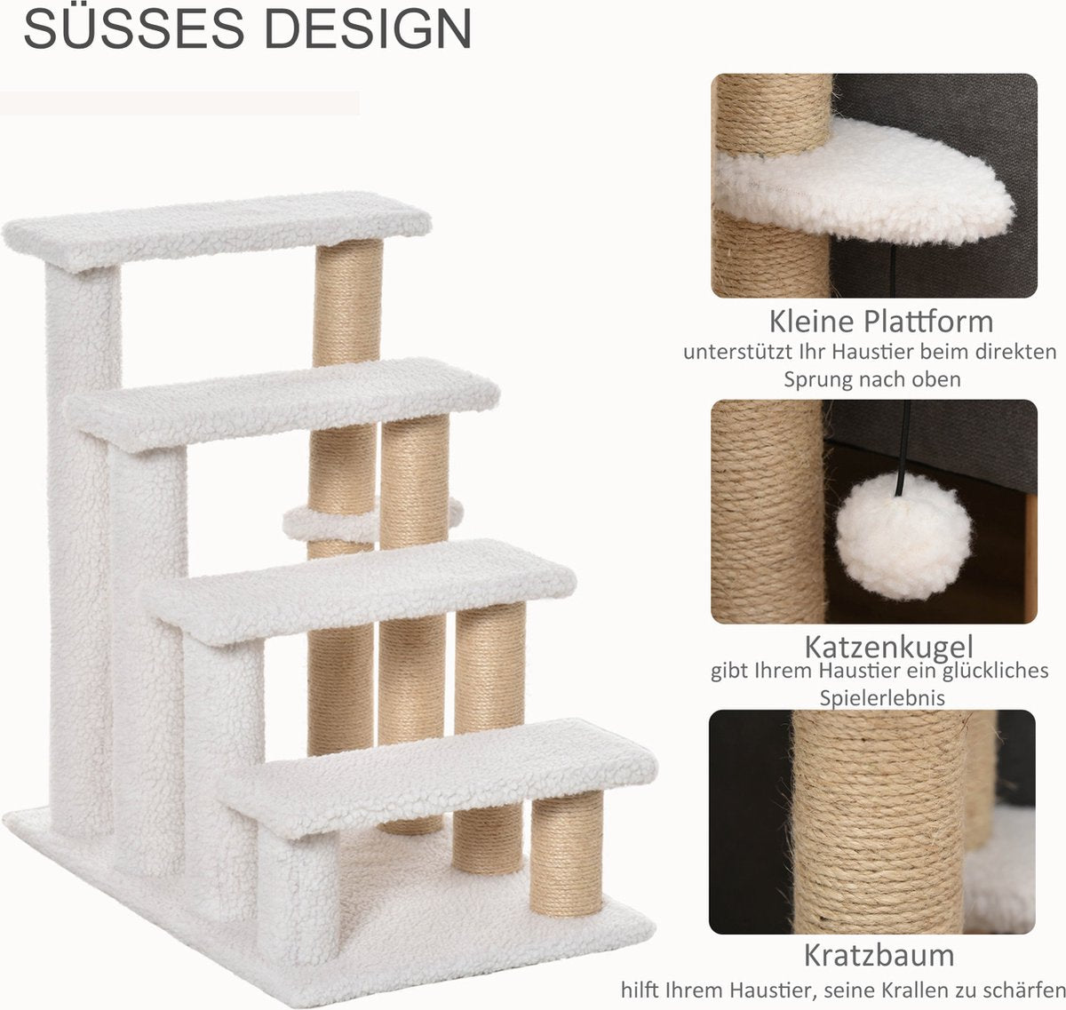  PawHut Huisdierentrap Met Krabpaal Bal 4 Treden Kattentrap Dierentrap Pluche Jute D06-093