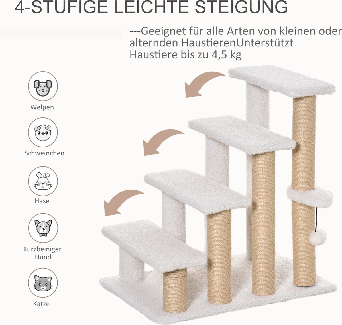  PawHut Huisdierentrap Met Krabpaal Bal 4 Treden Kattentrap Dierentrap Pluche Jute D06-093