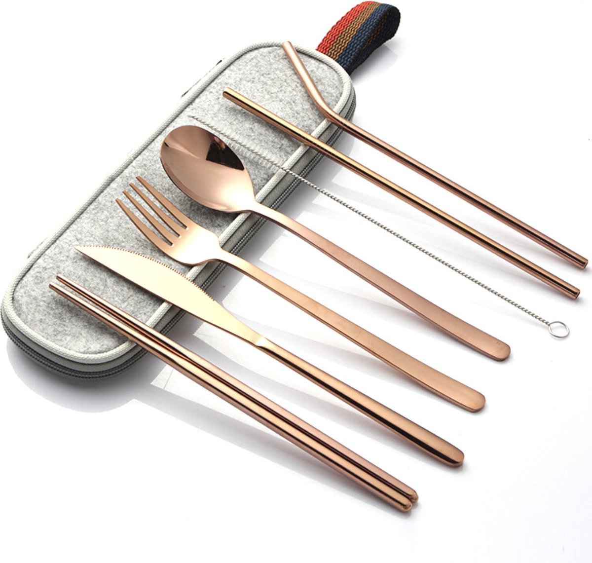  House Of Husk Reisbestek - Reis Bestekset - Chopsticks - Metalen Rietjes Met Borstel - Lepel - Vaatwasserbestendig - RVS - 7 Delig - Rose Goud