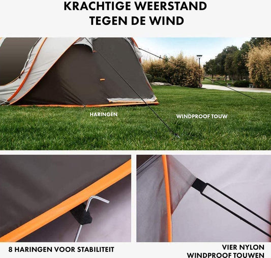  Fly Lab Luxe Pop Up Tent - Kampeer Tent - Grijs/Oranje - 4 Persoons