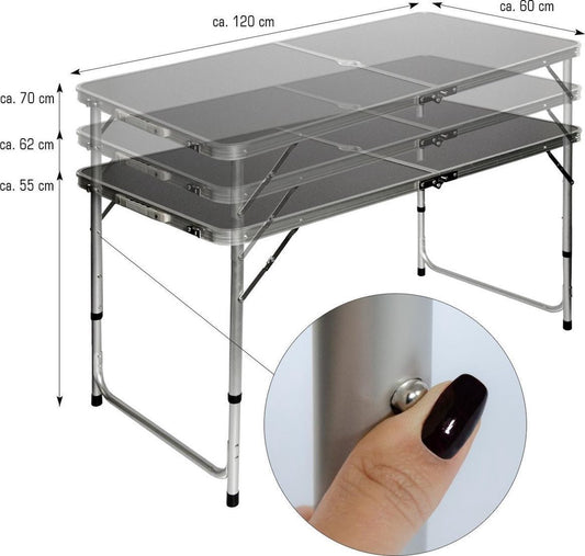  Aluminium Kampeertafel 120x60cm - Campingtafel Inklapbaar - 3-voudig Verstelbare Vouwtafel Antraciet
