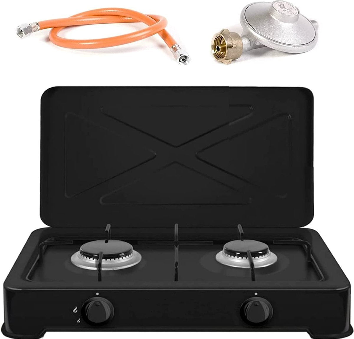  TronicXL Turbo Campingkooktoestel Met 2 Vlammen Aluminium Brander Gasaansluitslang En Drukregelaar, Gasfornuis, Gas, Zwart, Inclusief Draadgaas