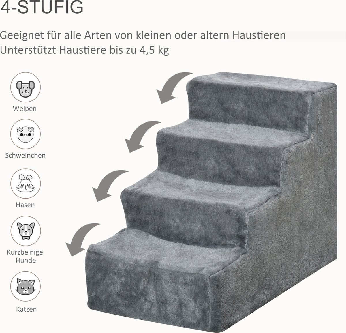  PawHut Huisdierentrap Hondentrap Met 4 Treden Kattentrap Met Afneembare Pluchen Hoes D06-091