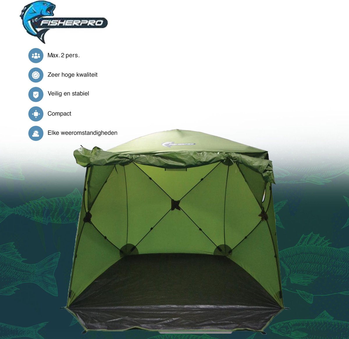  FisherPro WildLand Tent –comfortabele Vistent – Handige Strandtent – Compacte Festival Tent - Uitbreid Mogelijkheden Met Stormcover - Geschikt Voor 2 Personen