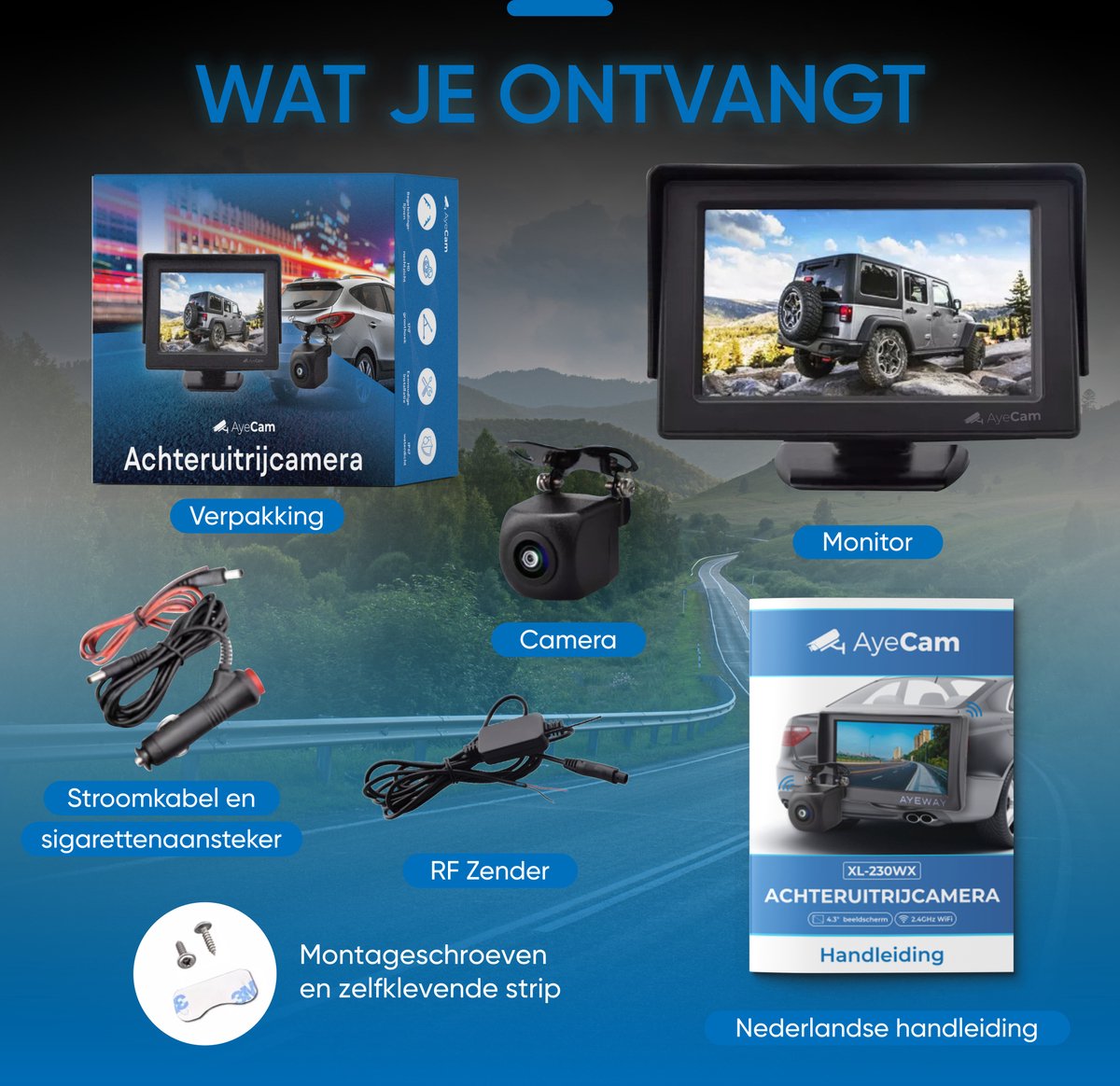  AyeCam Achteruitrijcamera - 4,3 Inch Scherm - 2 Kanaals – Nachtzicht - Incl. Begeleidingslijnen