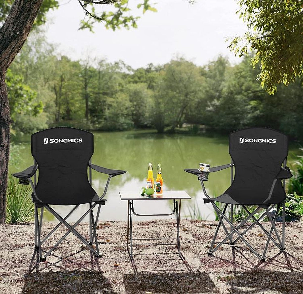  MIRA Home - Campingstoel Set Van 2 Inklapbaar - Klapstoel Met Robuust Frame - Met Flessenhouder - 76 X 51.5 X 95.5 Cm - Zwart