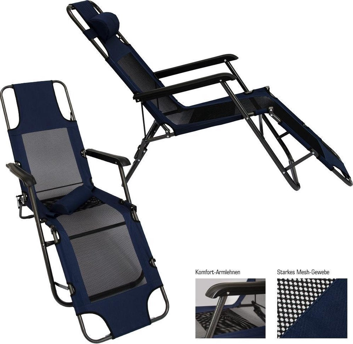  Ligstoel 180x60cm - Opvouwbaar Campingstoel Ligbed Strandstoel Tuinstoel Vouwligstoel Blauw