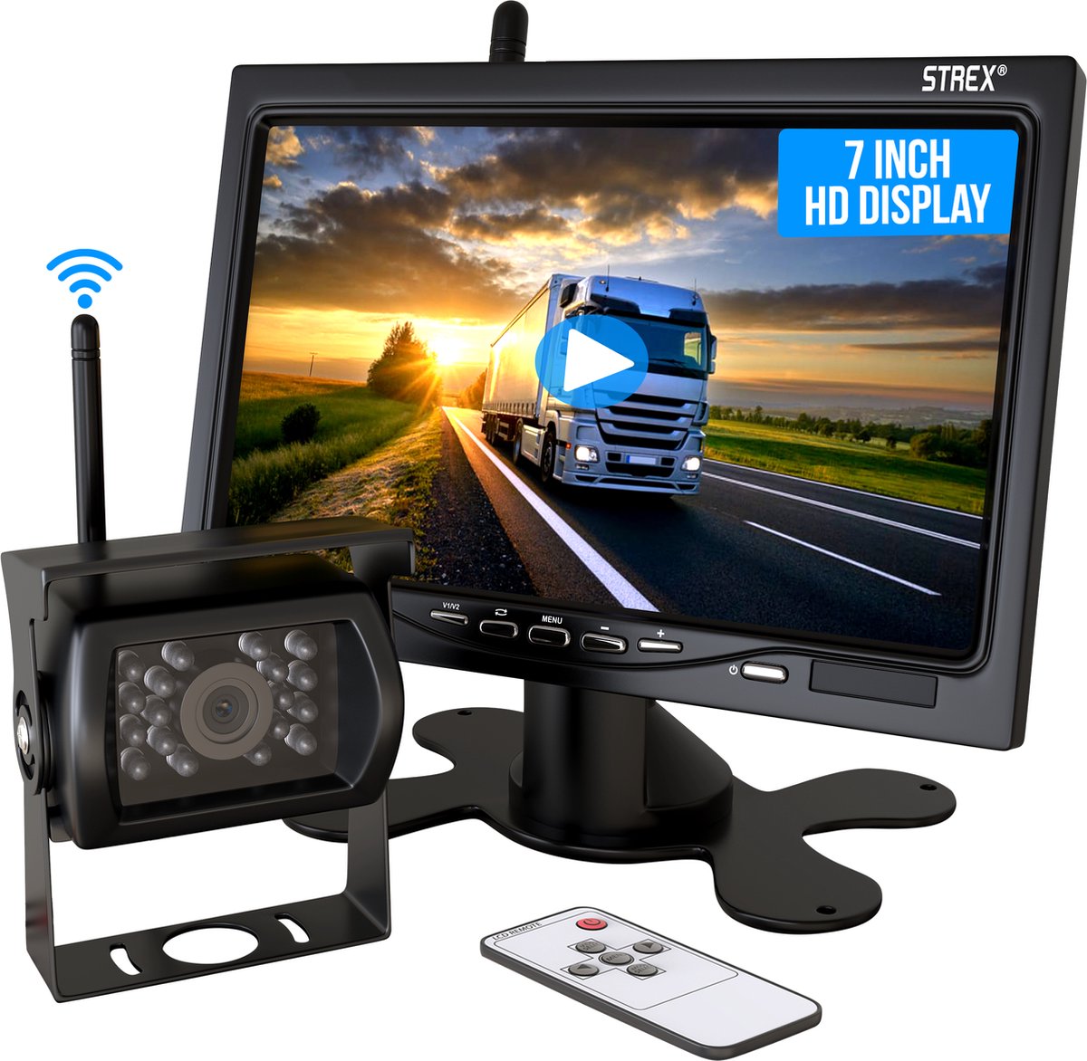  Strex Achteruitrijcamera Set Draadloos - 7" Scherm - 18LED Nachtzicht 15m - IP67 Waterdicht - Achteruitrij Camera - Geschikt Voor Auto/ Camper / Caravan / Vrachtwagen / Landbouw / Boot / Tractor