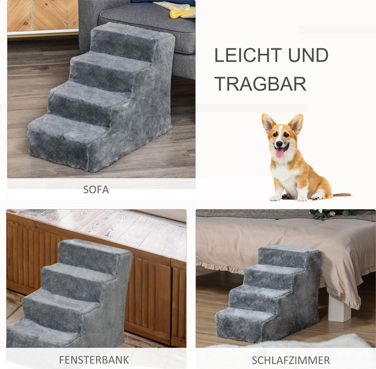  PawHut Huisdierentrap Hondentrap Met 4 Treden Kattentrap Met Afneembare Pluchen Hoes D06-091