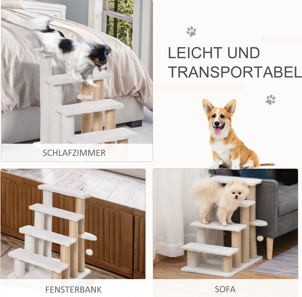  PawHut Huisdierentrap Met Krabpaal Bal 4 Treden Kattentrap Dierentrap Pluche Jute D06-093