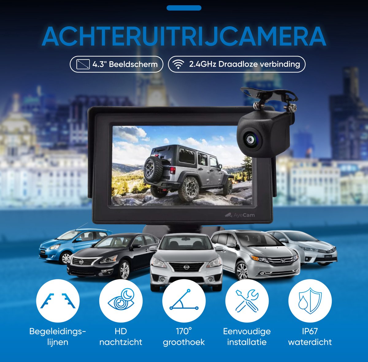  AyeCam Achteruitrijcamera - 4,3 Inch Scherm - 2 Kanaals – Nachtzicht - Incl. Begeleidingslijnen