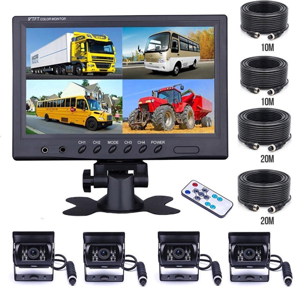  Strex Achteruitrijcamera Set Bedraad Met 4 Camera's (tegelijk Bekijken) - 9" Scherm - 18LED Nachtzicht 15m - IP67 Waterdicht - Achteruitrij Camera