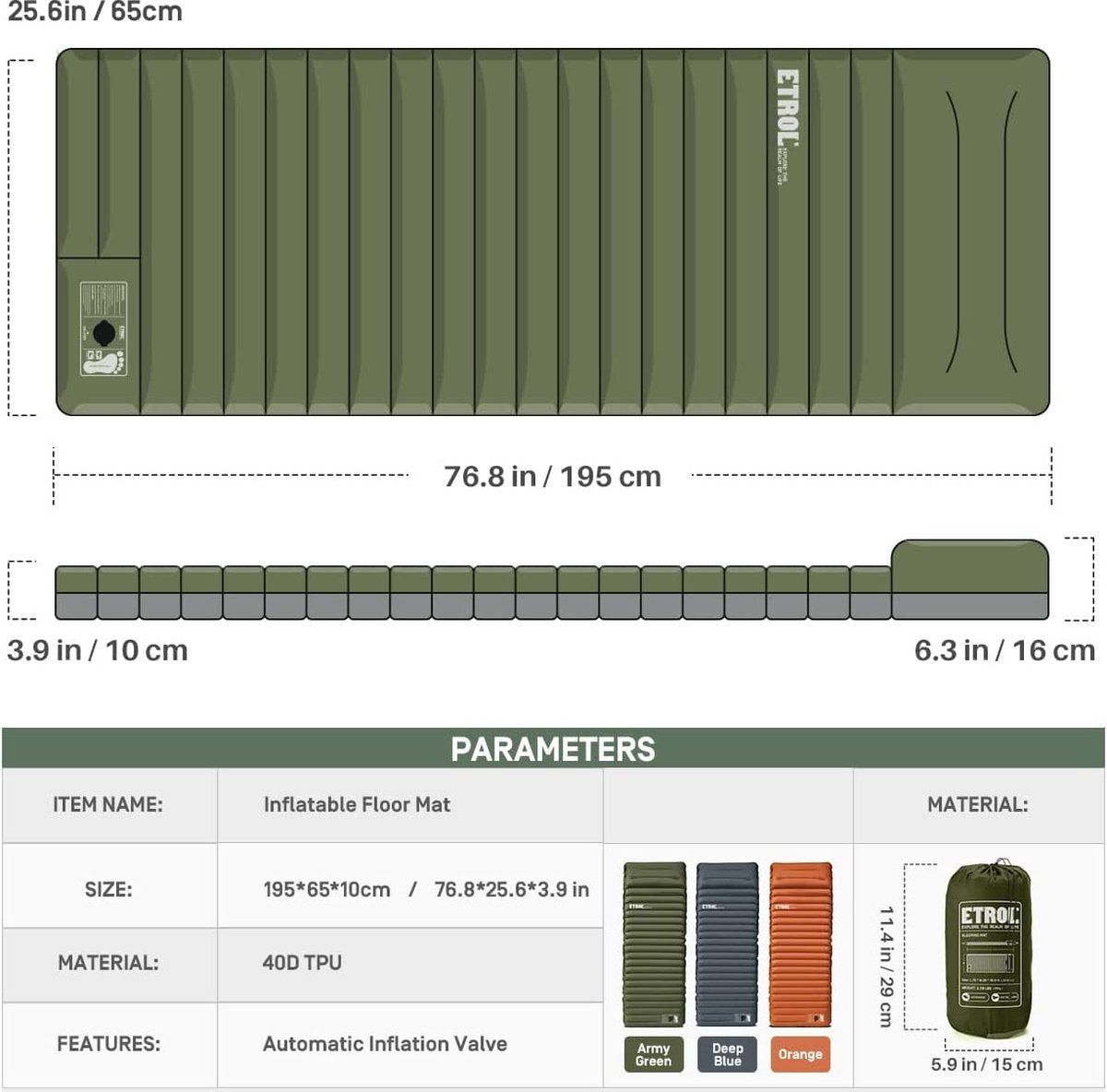  ETROL Camping Slaapmat-2-in-1 Zelfopblazende Kampeermat Met Kussen (78"x 28"), Lichtgewicht, Dik 4"compact Kussen, Geschikt Voor Zelfrijdende Reizen, Lekvrije, Waterdichte Tent