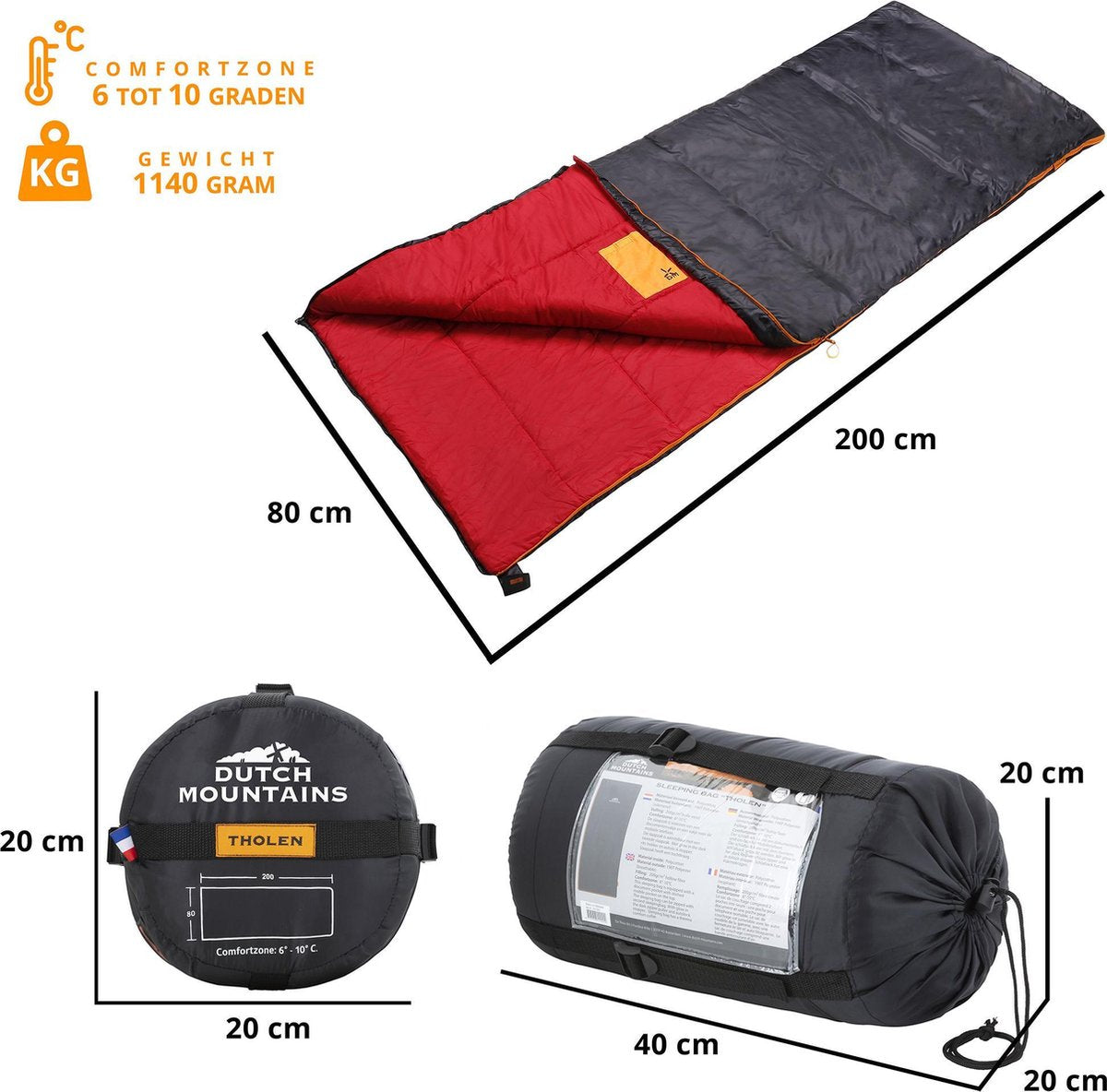 Dutch Mountains Slaapzak Tholen - 200 X 80cm - Aanritsbaar - Slechts 1140 Gram – Polyester - Tochtstrip En Compressiehoes
