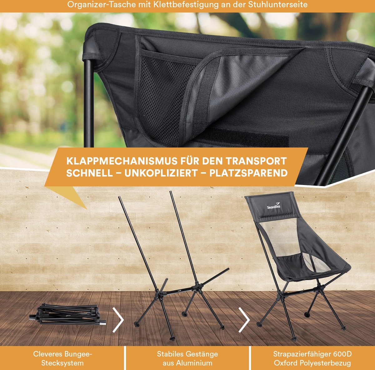 Skandika Campingstoel Compact – Campingstoelen - Campingstoel Tot 150 Kg Belastbaar - Kampeerstoel, Visstoel, Kleine Pakmaat, Opvouwbaar, Stabiel, Licht, Comfortabel Gepolsterd – Draagtas Meegeleverd - Vouwstoel – Zwart