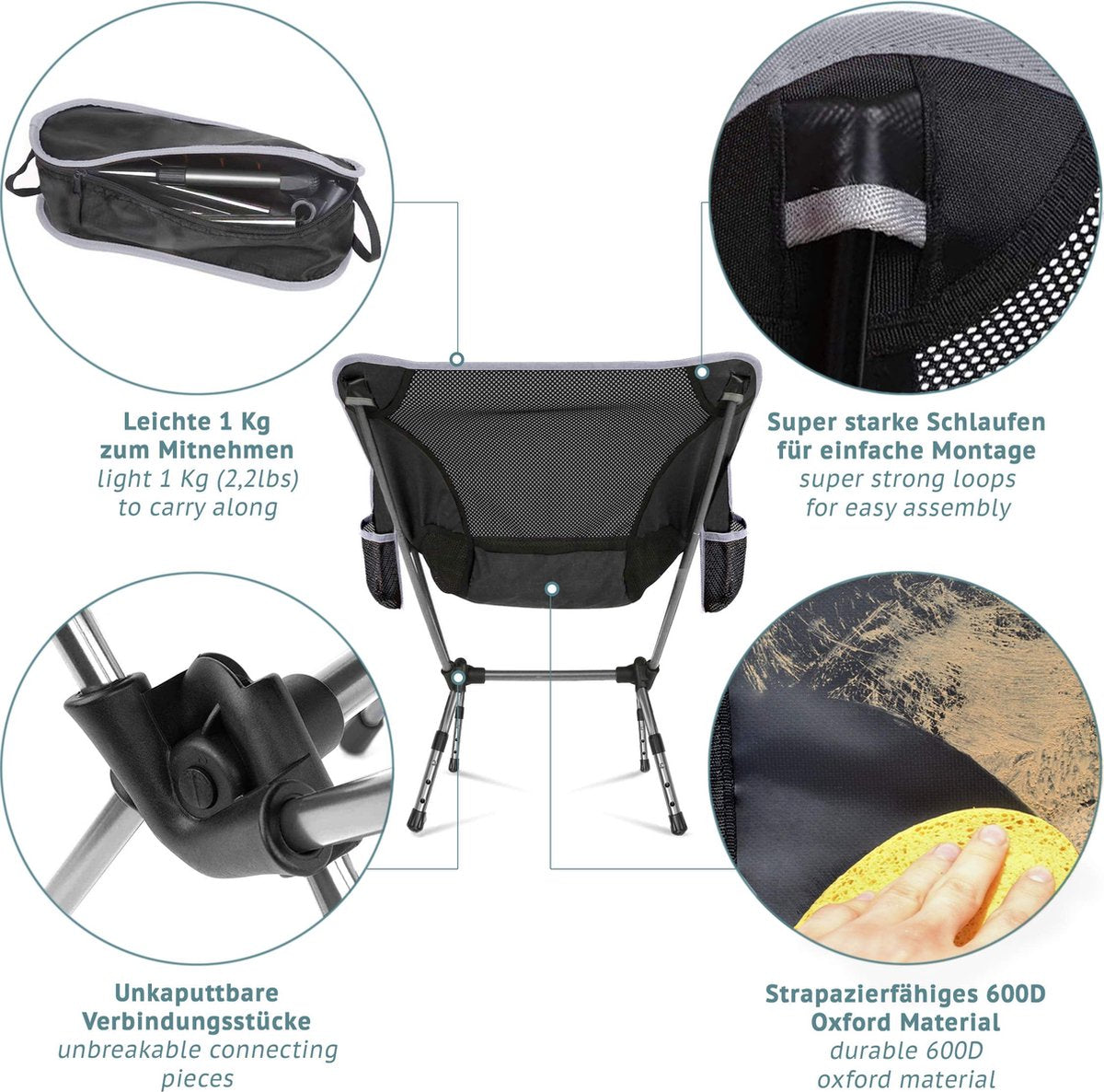  Smartpeas Campingstoel Van Stevig 600D Polyester En Aluminium - Lichtgewicht En Opvouwbaar - Camping Gadget Inclusief Zijzakken +Plus: Strandmat &amp; Draagtas