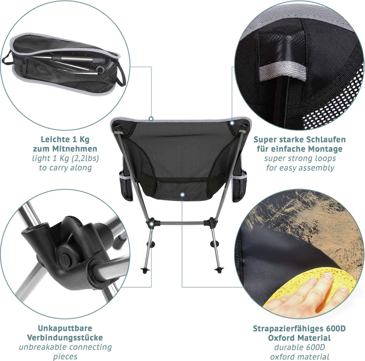  Smartpeas Camping Stoel Van Stevig 600D Polyester En Aluminium - Lichtgewicht En Opvouwbaar - Camping Gadget Inclusief Zijzakken +Plus: Strandmat &amp; Draagtas