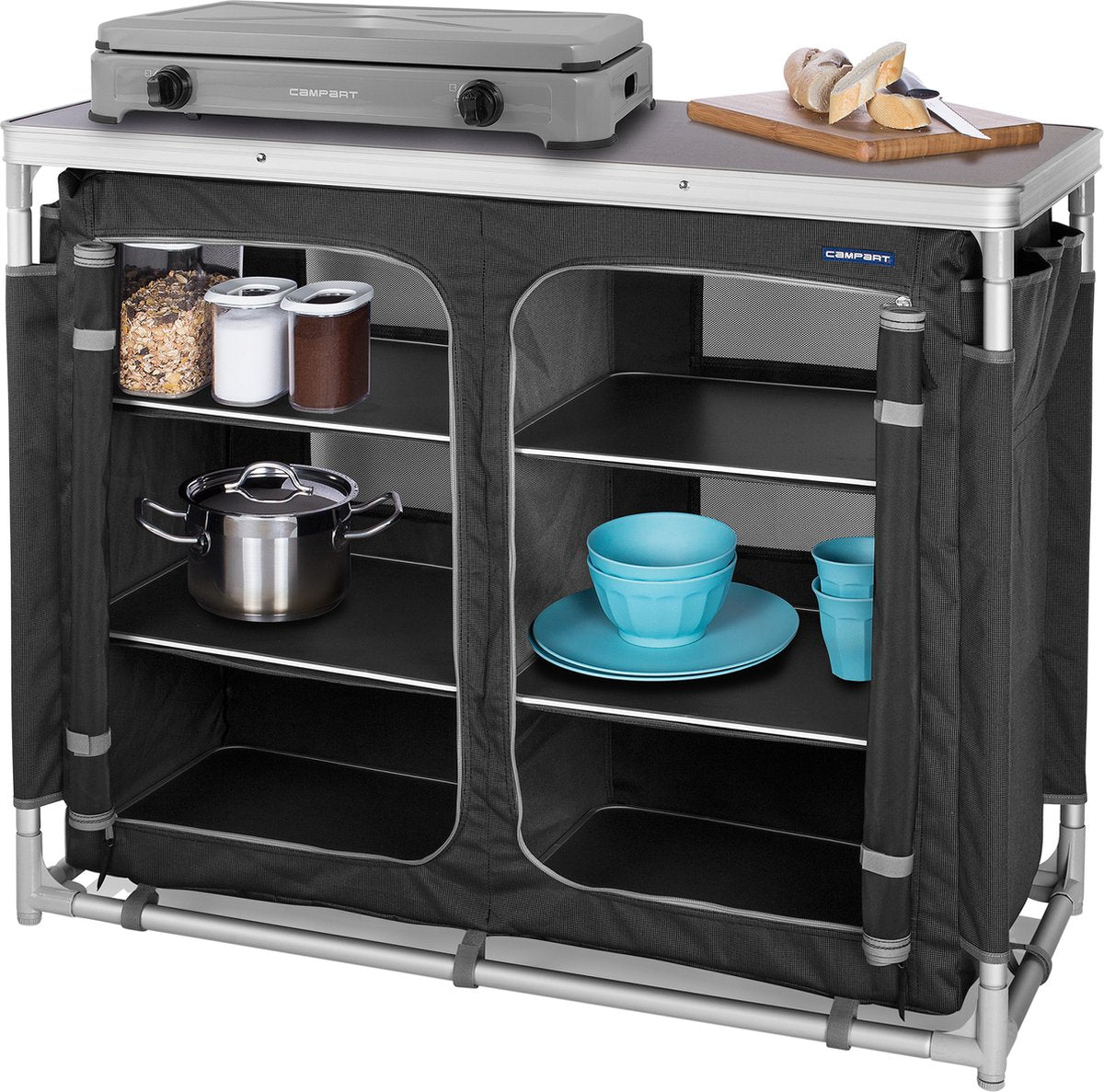  Campart Campingkeuken KI-0734 - Campingkast Groot - 4 Verstelbare Poten - Opvouwbaar En Lichtgewicht - Inclusief Opbergtas - Grijs