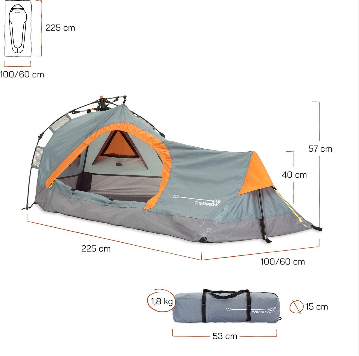  Where Tomorrow Solo Tent Pop Up 225X100X57 Cm - Grijs - 1 Persoons
