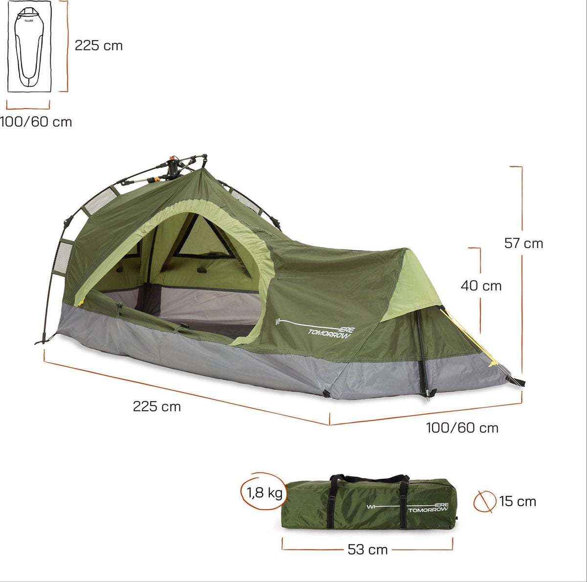  Where Tomorrow Solo Tent 225X100X57 Cm - Groen - 1 Persoons