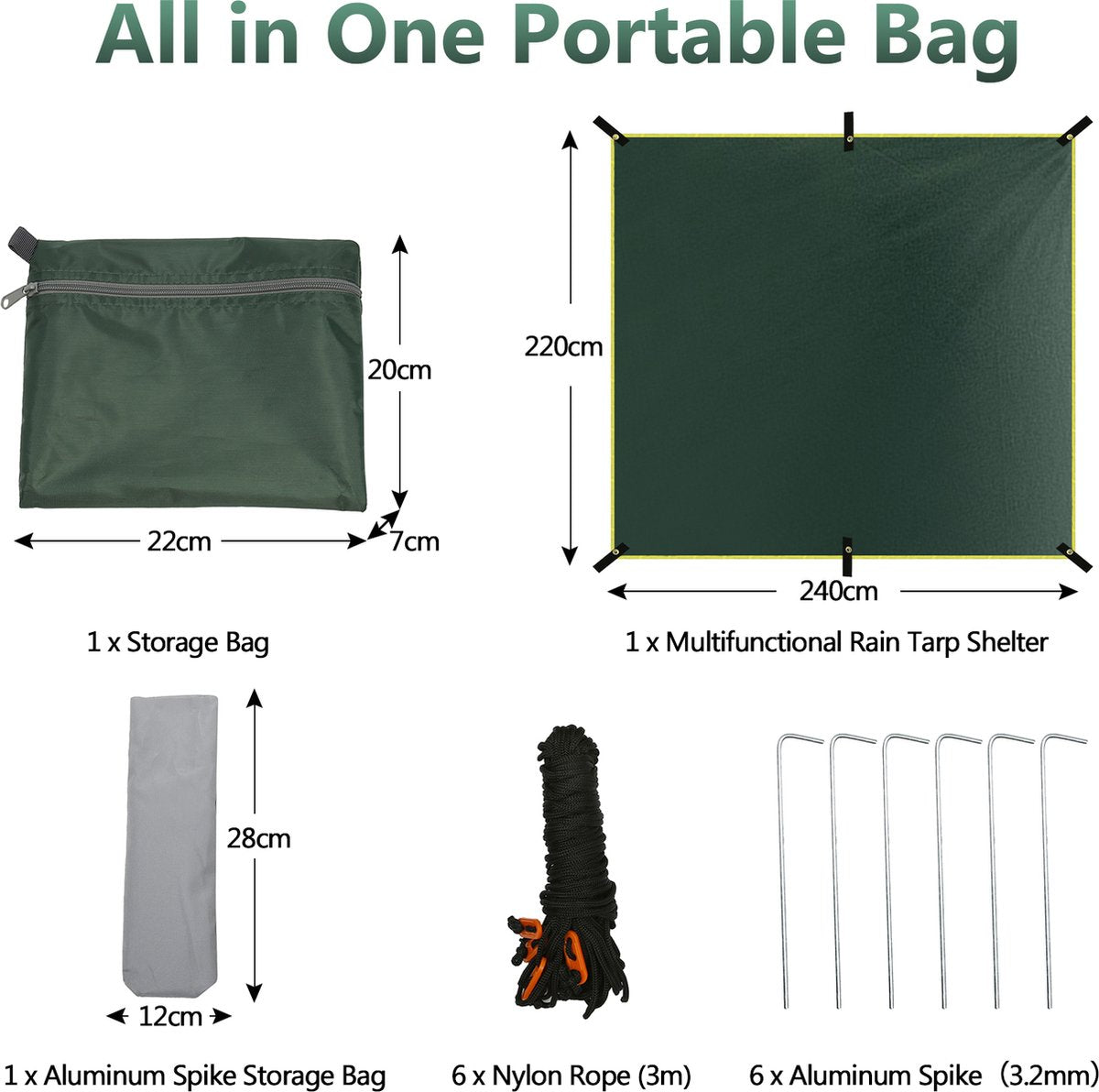Merkloos BRGOOD Tarps - Shelter - Rechthoek - 240*220cm - Waterdicht - Met Scheerlijnen En Haringen - Geen Stokken - Voor Kamperen - Groen