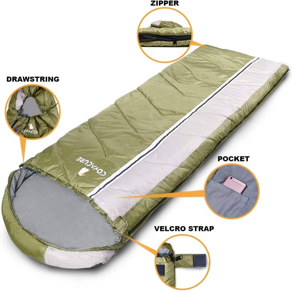  COVACURE 1.5/0.8kg Slaapzak, 3 Seizoenen Ultra Warm &amp; Lichtgewicht Slaapzak Voor Volwassenen, Envelop Compacte Outdoor Slaapzakken Met Draagbare Compressie Tas Voor Camping, Rugzakken, Wandelen...
