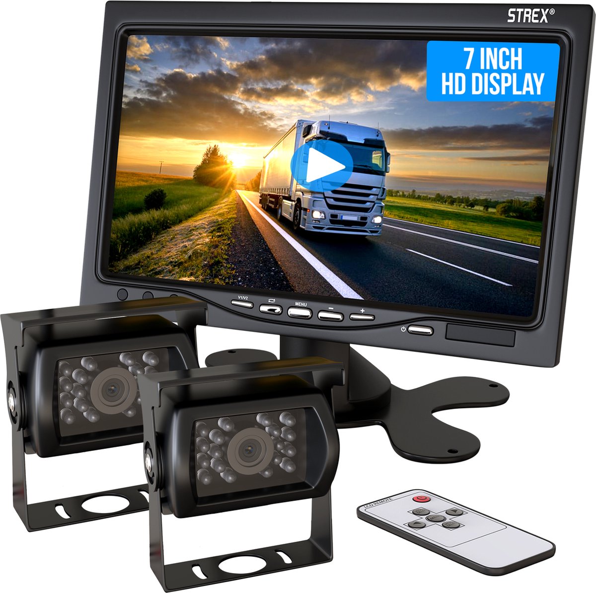 Strex Achteruitrijcamera Set Bedraad Met 2 Camera's (tegelijk Bekijken) - 7" Scherm - 18LED Nachtzicht 15m - IP67 Waterdicht - Achteruitrij Camera