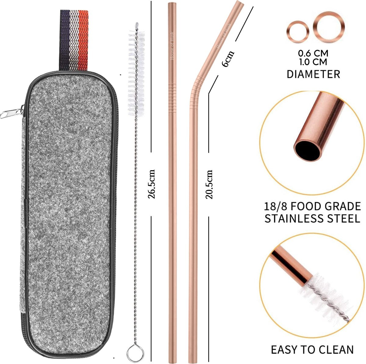  House Of Husk Reisbestek - Reis Bestekset - Chopsticks - Metalen Rietjes Met Borstel - Lepel - Vaatwasserbestendig - RVS - 7 Delig - Rose Goud