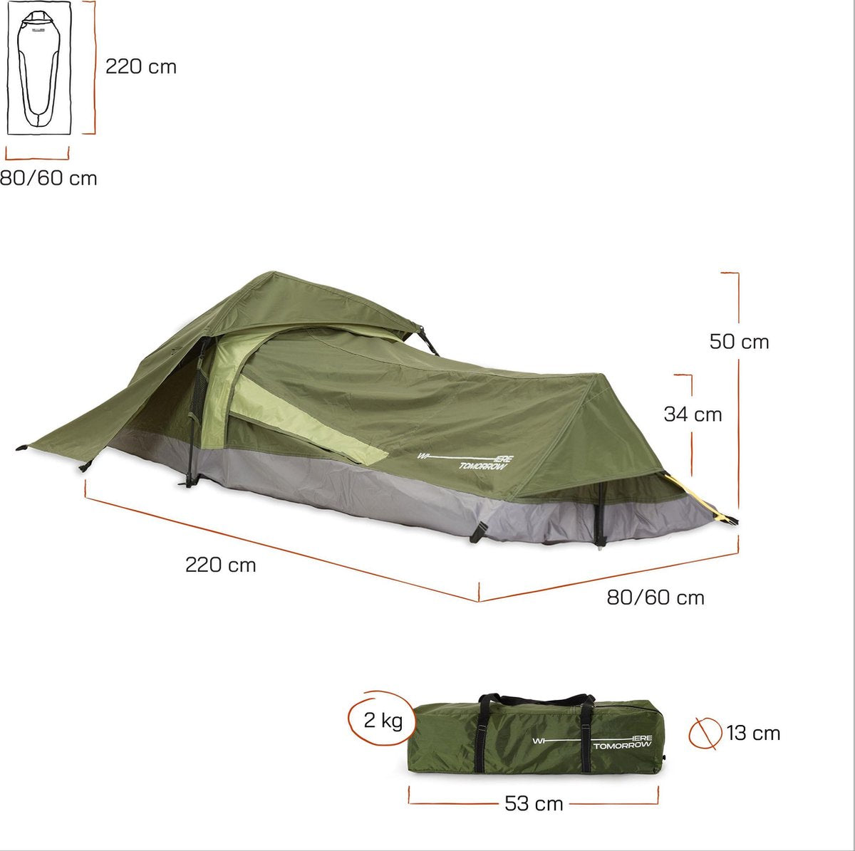  Where Tomorrow Solo Tent 220X80X50 Cm - Groen - 1 Persoons