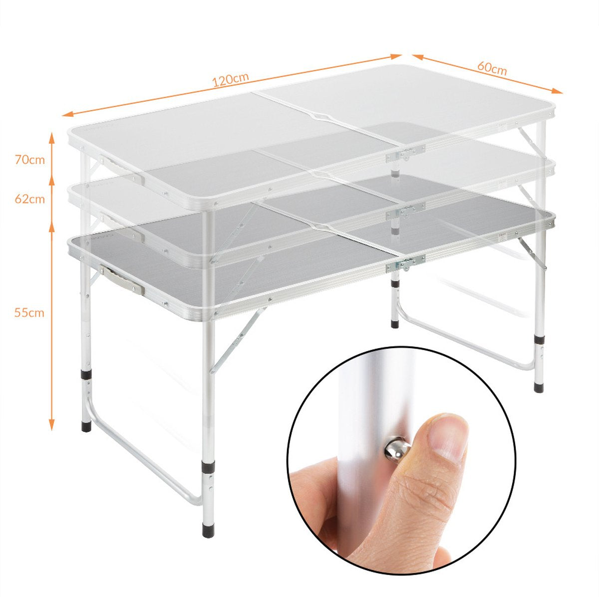  Casaria Campingtafel – Inklapbaar Verstelbaar - 120x60x70 Cm Grijs