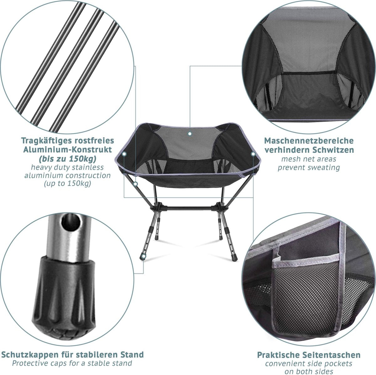  Smartpeas Campingstoel Van Stevig 600D Polyester En Aluminium - Lichtgewicht En Opvouwbaar - Camping Gadget Inclusief Zijzakken +Plus: Strandmat &amp; Draagtas