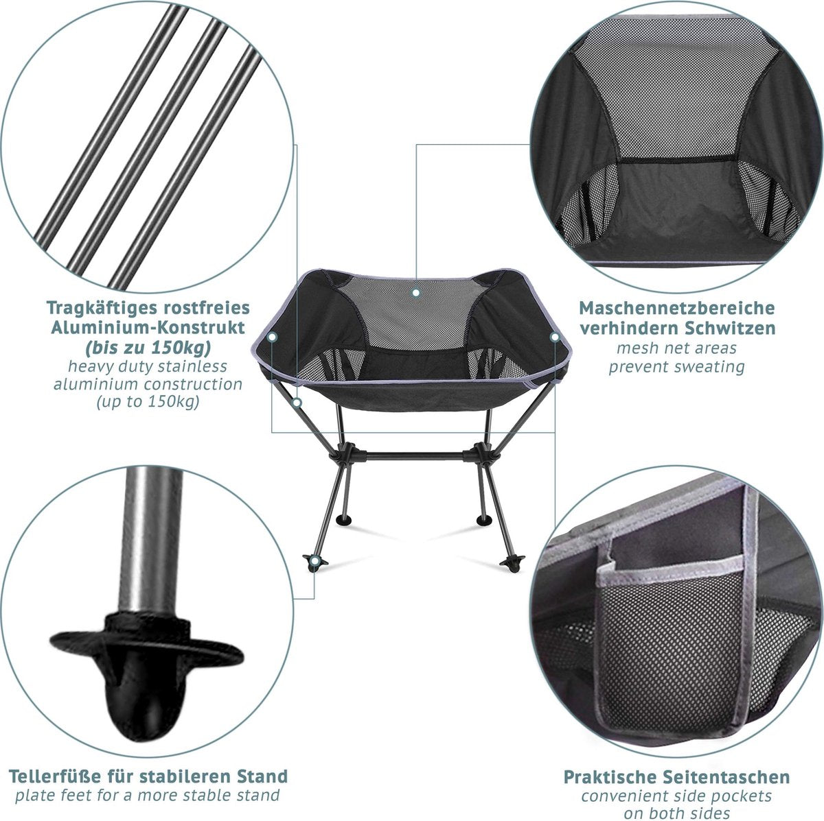  Smartpeas Camping Stoel Van Stevig 600D Polyester En Aluminium - Lichtgewicht En Opvouwbaar - Camping Gadget Inclusief Zijzakken +Plus: Strandmat &amp; Draagtas