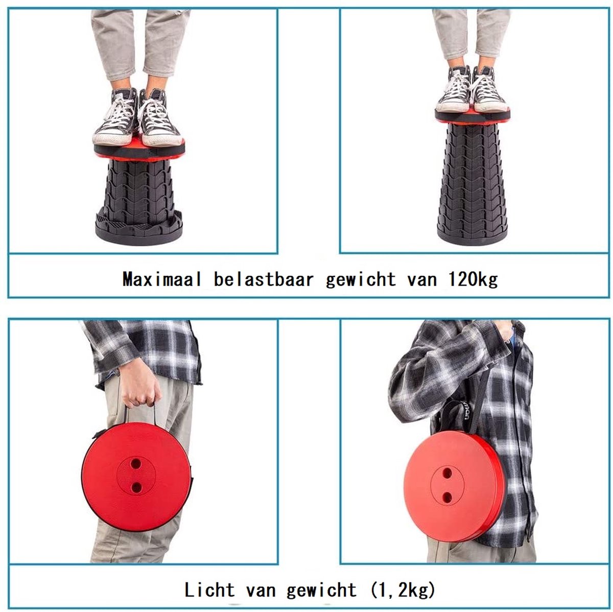  Kampeerkruk - Uitschuifbare Kruk - Rood/Zwart- Tot 120 Kg - Travel Stool - Opvouwbare Campingkruk - Inklapbaar Krukje - Telescopische Kruk - Camping - Outdoor
