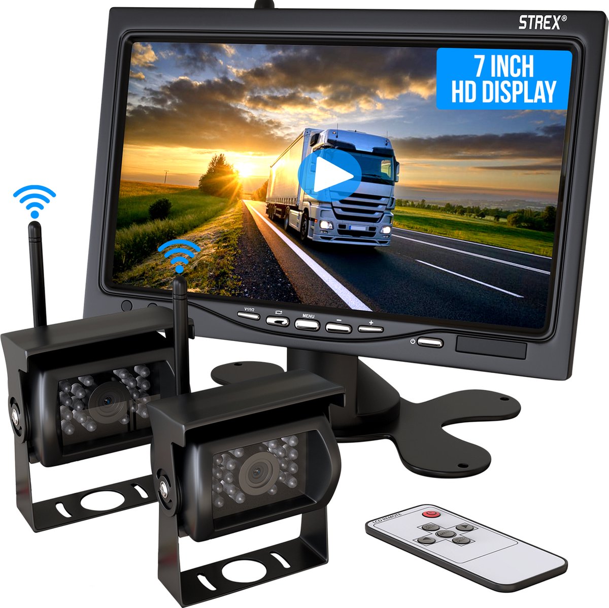  Strex Draadloze Achteruitrijcamera Met 2 Camera's - 7” Scherm - Nachtzicht 18LED 15m