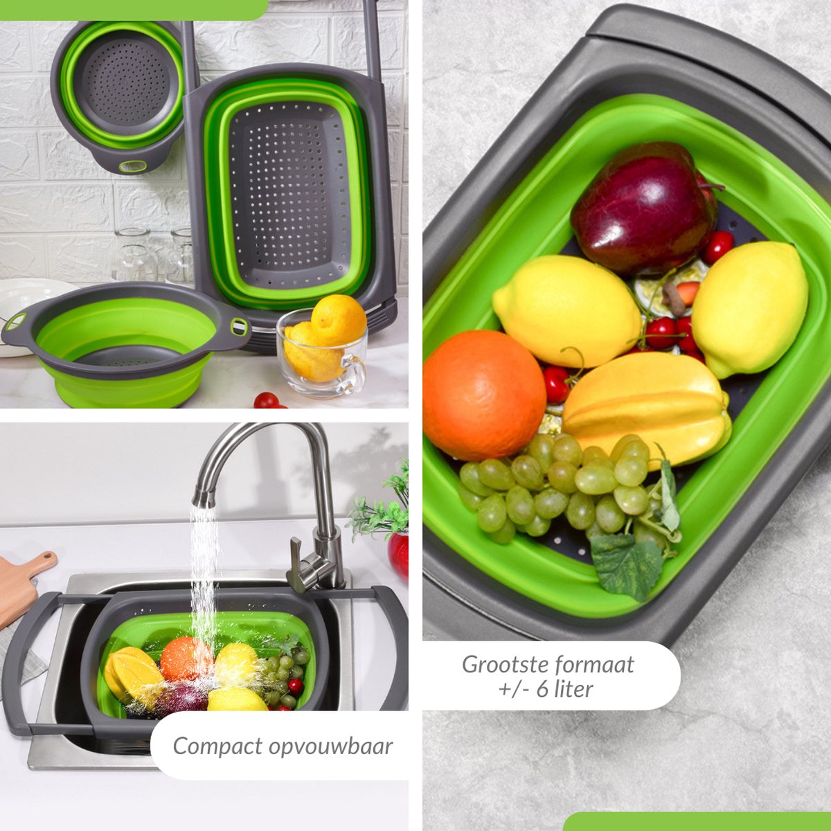  Buxibo - 3-Delige Keuken Vergiet Set Inklapbaar Groen/Grijs