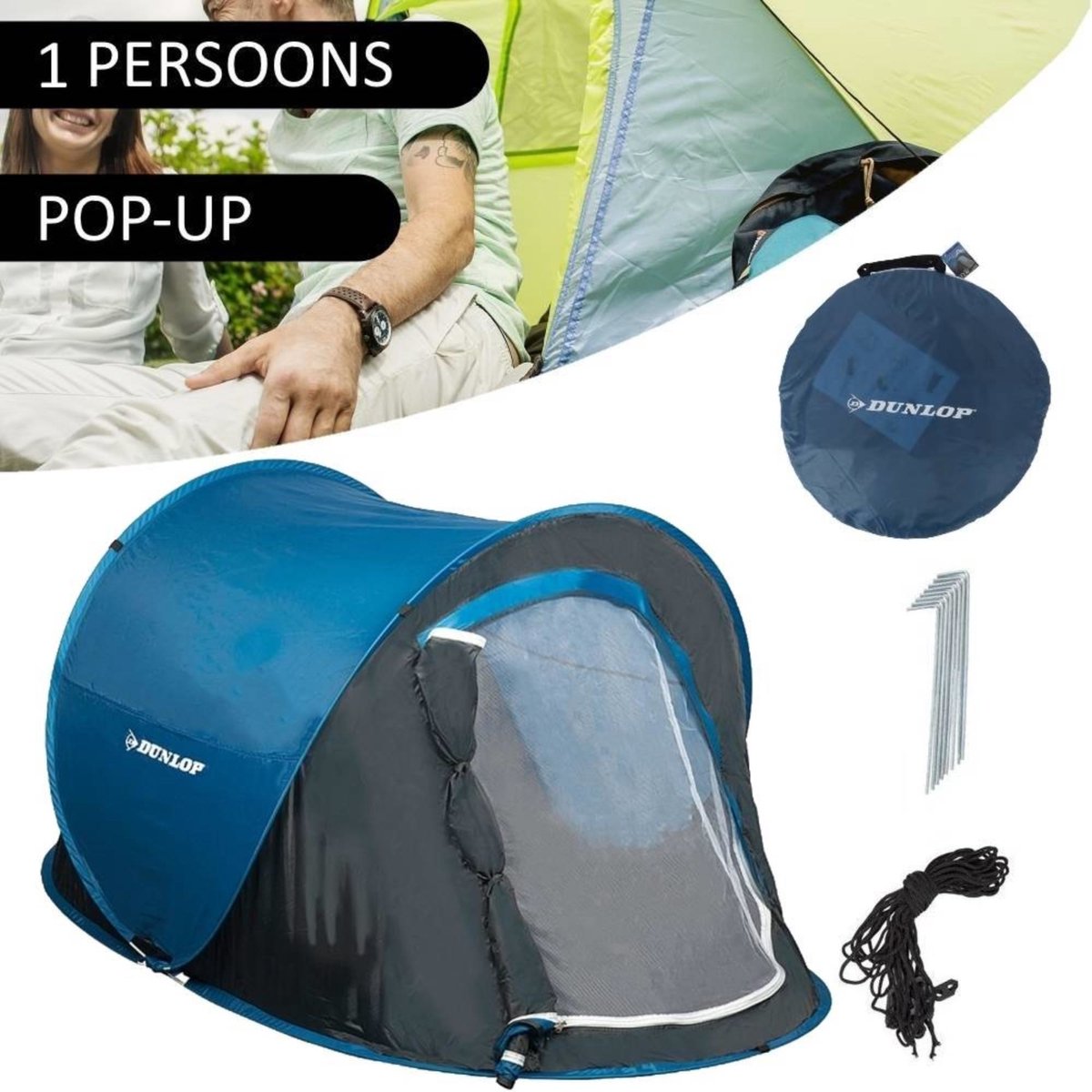  Dunlop Pop Up Tent 220 X 120 X 90 Cm - Grijs/ Blauw - 1 Persoons
