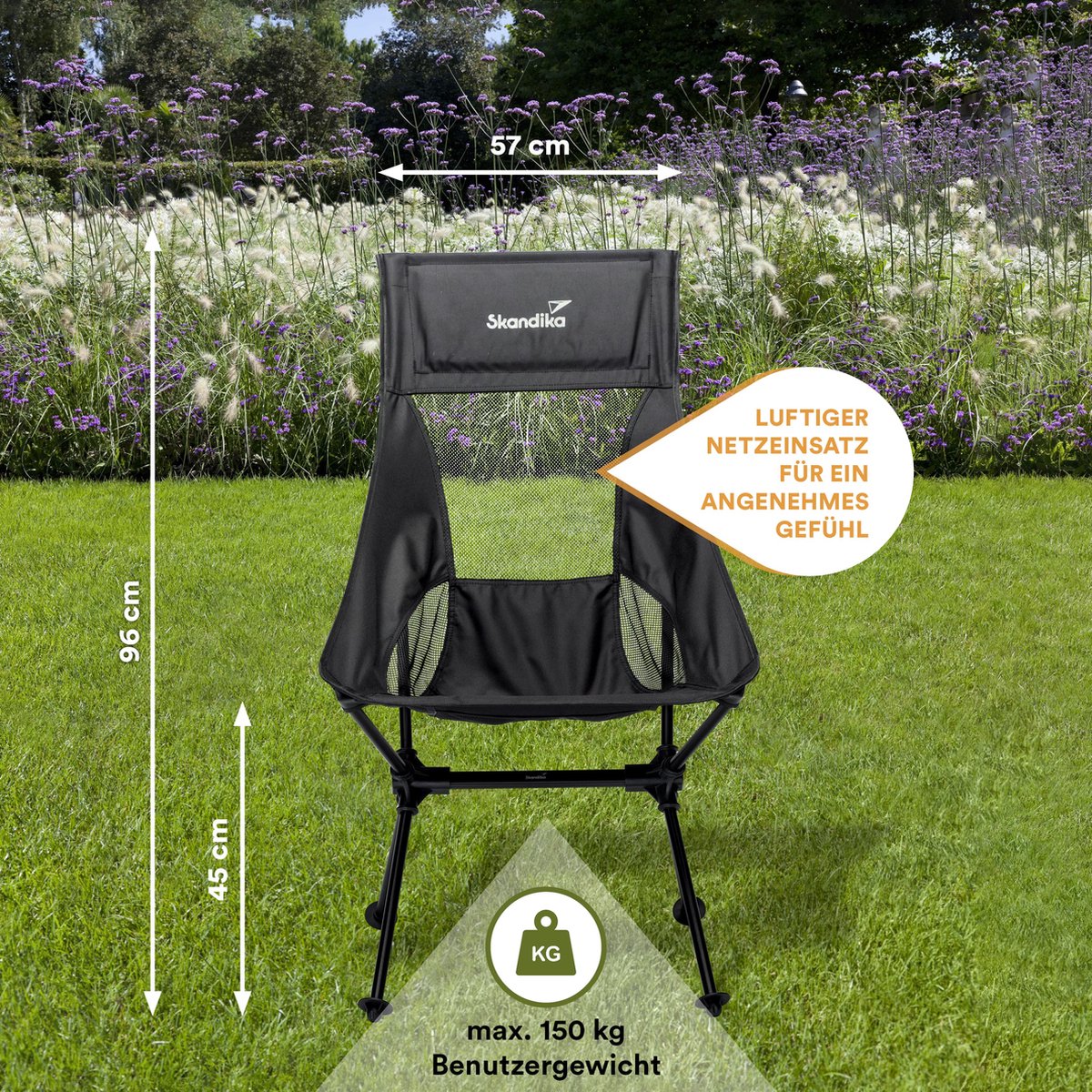  Skandika Campingstoel Compact – Campingstoelen - Campingstoel Tot 150 Kg Belastbaar - Kampeerstoel, Visstoel, Kleine Pakmaat, Opvouwbaar, Stabiel, Licht, Comfortabel Gepolsterd – Draagtas Meegeleverd - Vouwstoel – Zwart