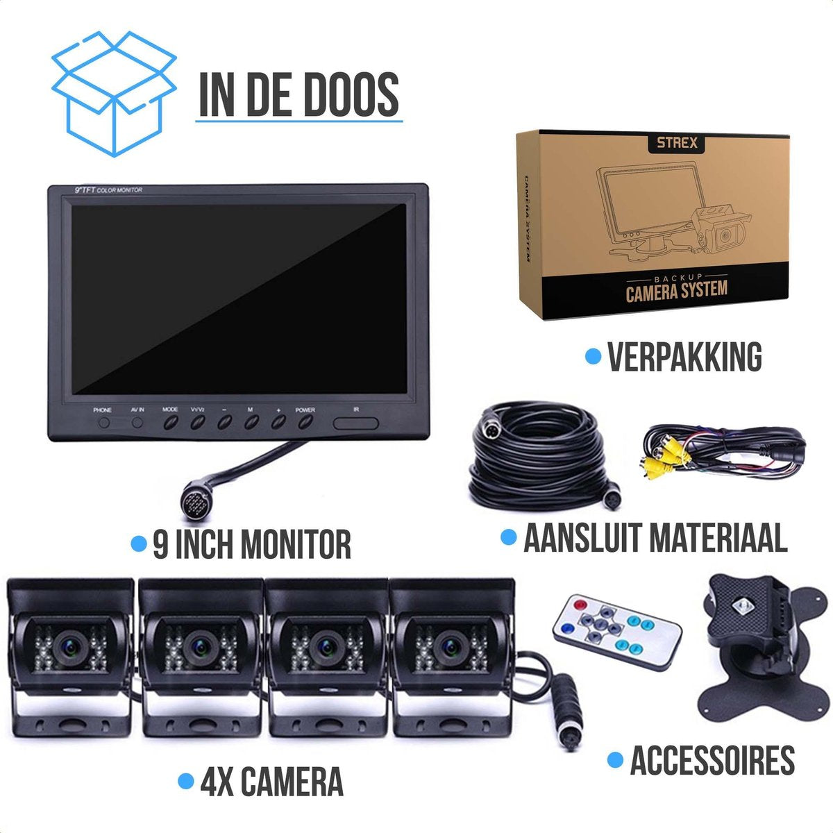  Strex Achteruitrijcamera Set Bedraad Met 4 Camera's (tegelijk Bekijken) - 9" Scherm - 18LED Nachtzicht 15m - IP67 Waterdicht - Achteruitrij Camera