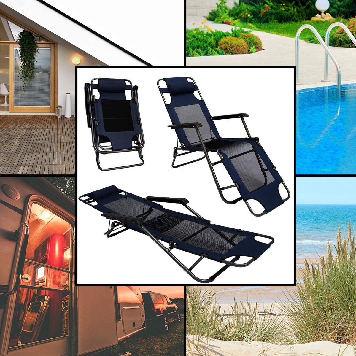  Ligstoel 180x60cm - Opvouwbaar Campingstoel Ligbed Strandstoel Tuinstoel Vouwligstoel Blauw