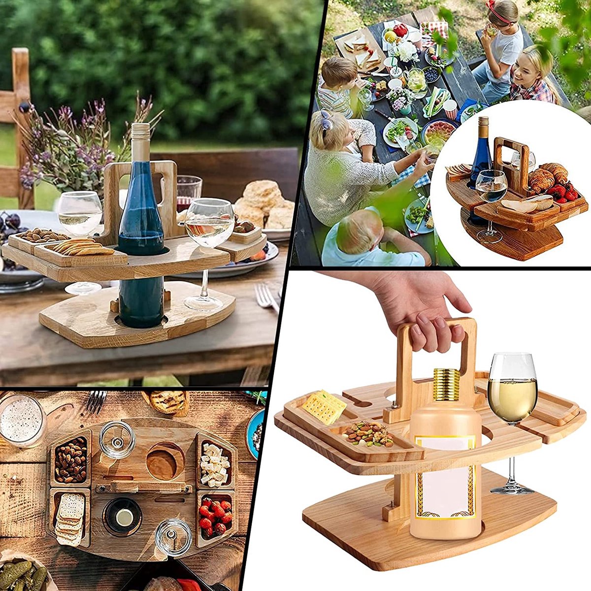 Merkloos Houten Outdoor Wijntafel Draagbare Houten Picknicktafel Mini Campingtafels Met Wijnglas Houder Voor Tuin Outdoor Camping Picknick Strand - Plataan Hout - Wijn