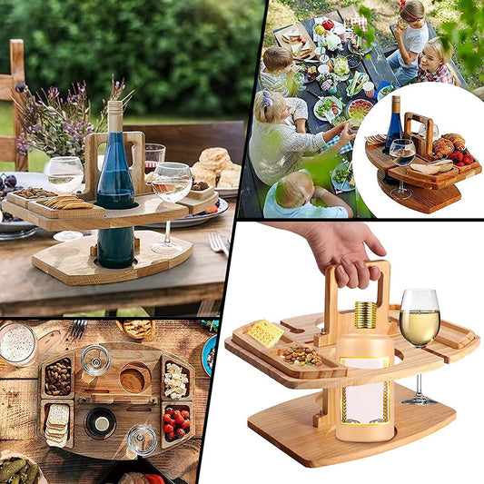 Merkloos Houten Outdoor Wijntafel Draagbare Houten Picknicktafel Mini Campingtafels Met Wijnglas Houder Voor Tuin Outdoor Camping Picknick Strand - Plataan Hout - Wijn